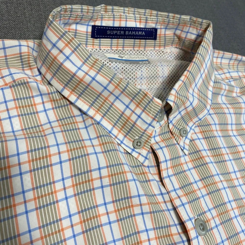 Columbia PFG‎ Super Bahama Fishing Shirt Mens XL Orange Blue Plaid Short Sleeve